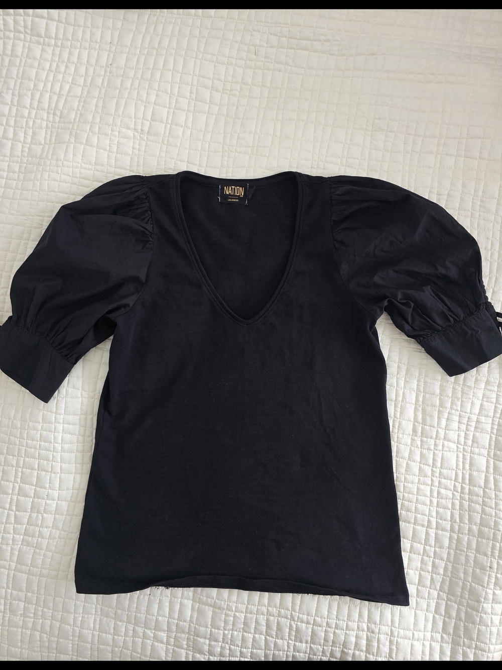 NATION LTD Kimberly Black Mixed Media Tie Puff Sleeve V-Neck Top XS - Picture 5 of 10